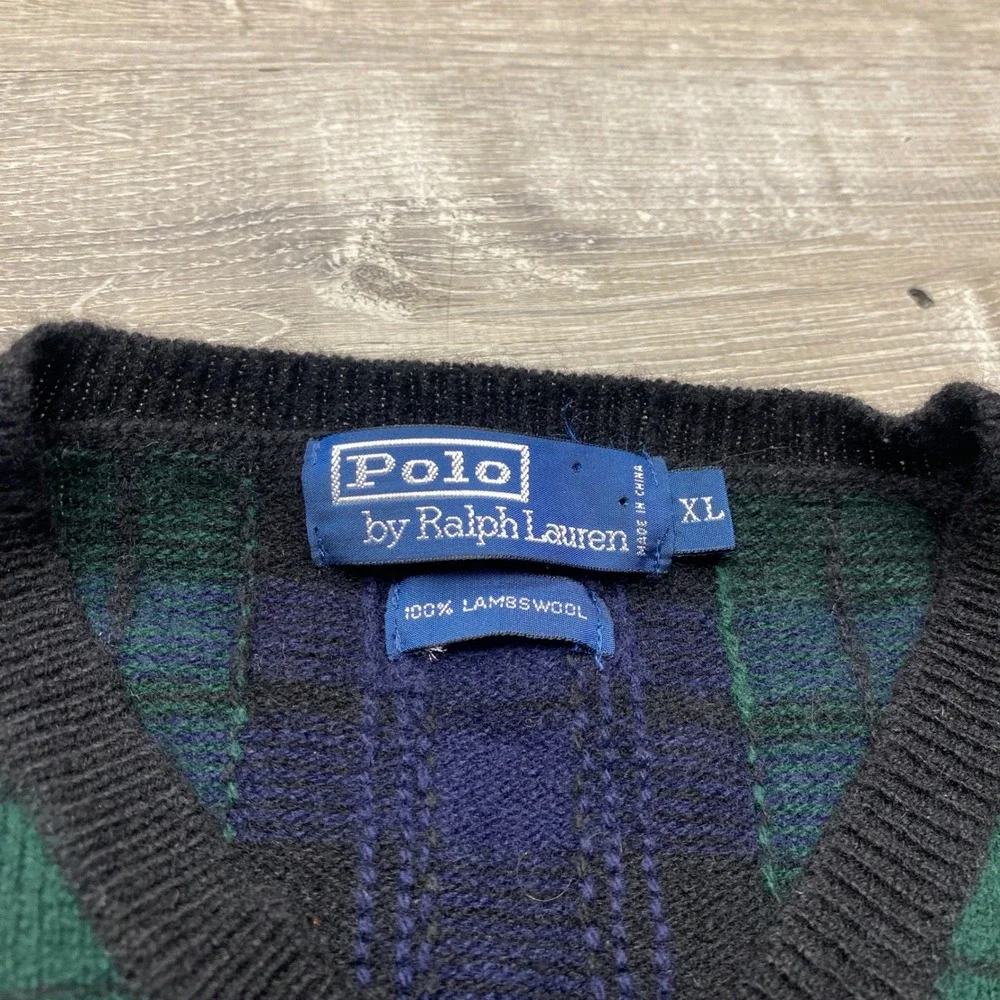 Polo Ralph‎ Lauren Sweater Vest Mens XL Blue Green Plaid 100% Lambswool V-Neck